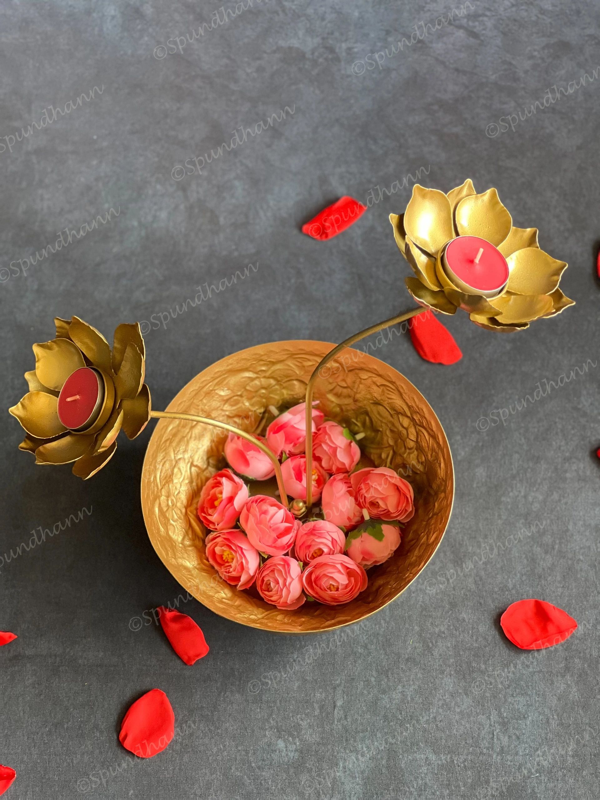 Embossed Urli with Lotus Stem Tea Light Holder