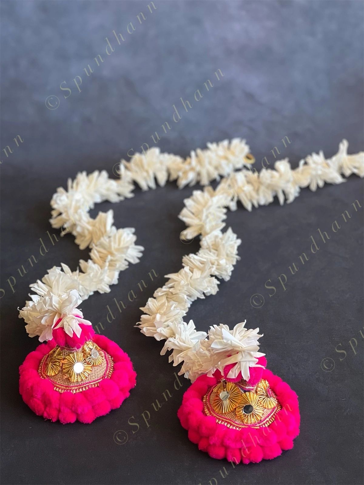 Chameli, Jute, Gota & Pink Pom Pom Dangler Set of 2