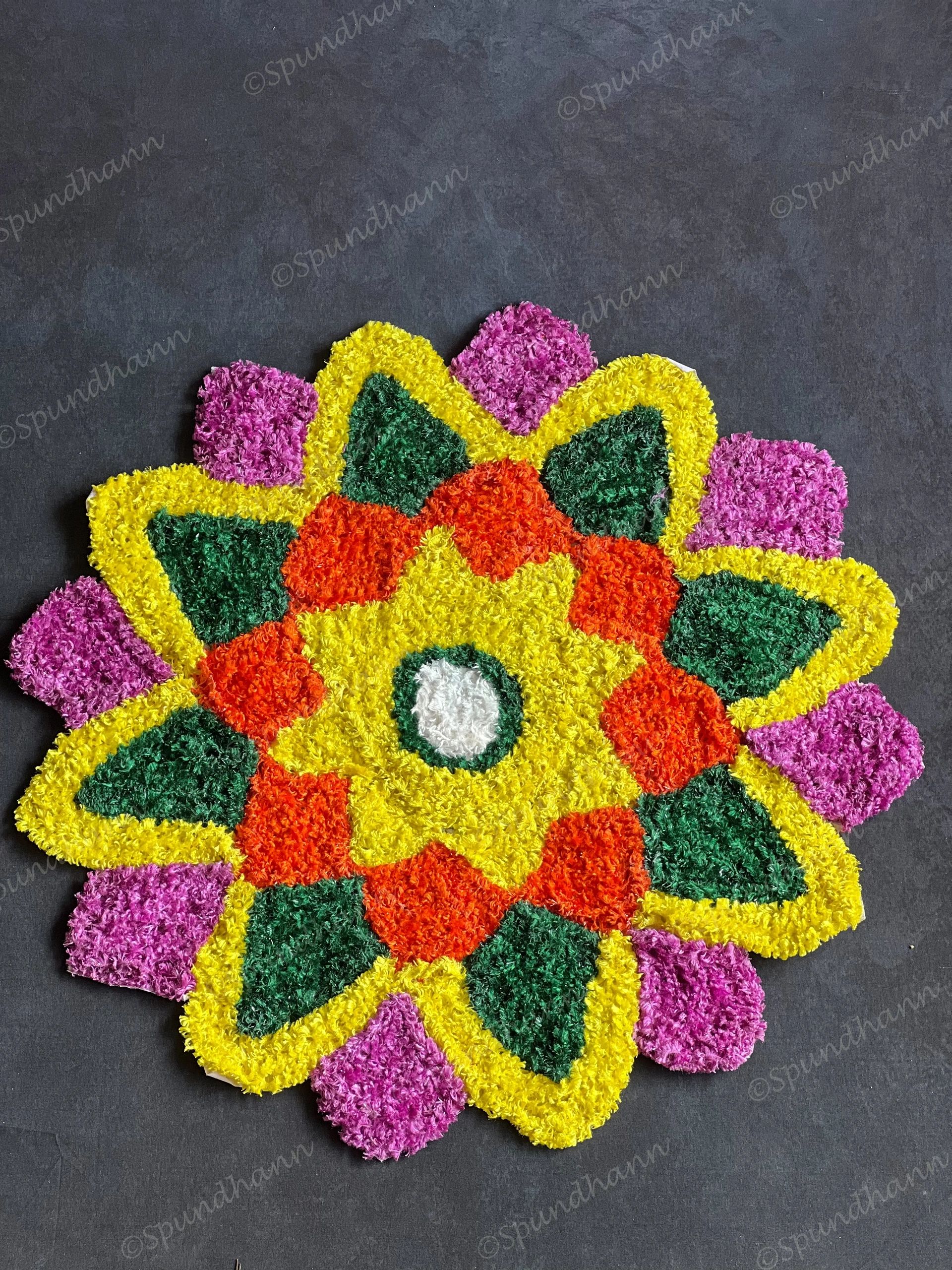 Medium White, Green & Purple Round Floral Rangoli Floor Mat