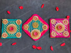 Square Leheriya & Gold Gota Tea Light Holder with Ganesha