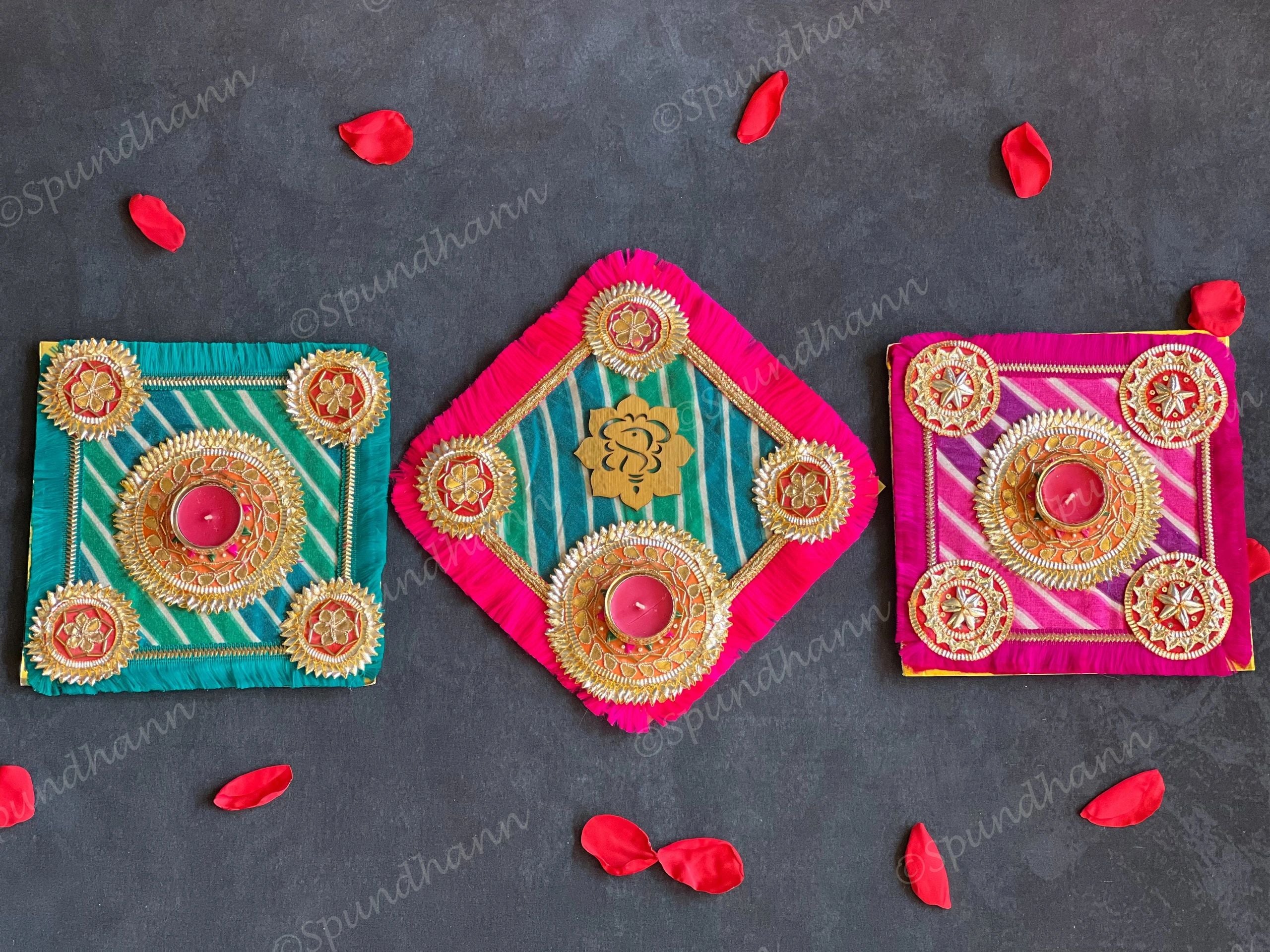 Square Leheriya & Gold Gota Tea Light Holder with Ganesha