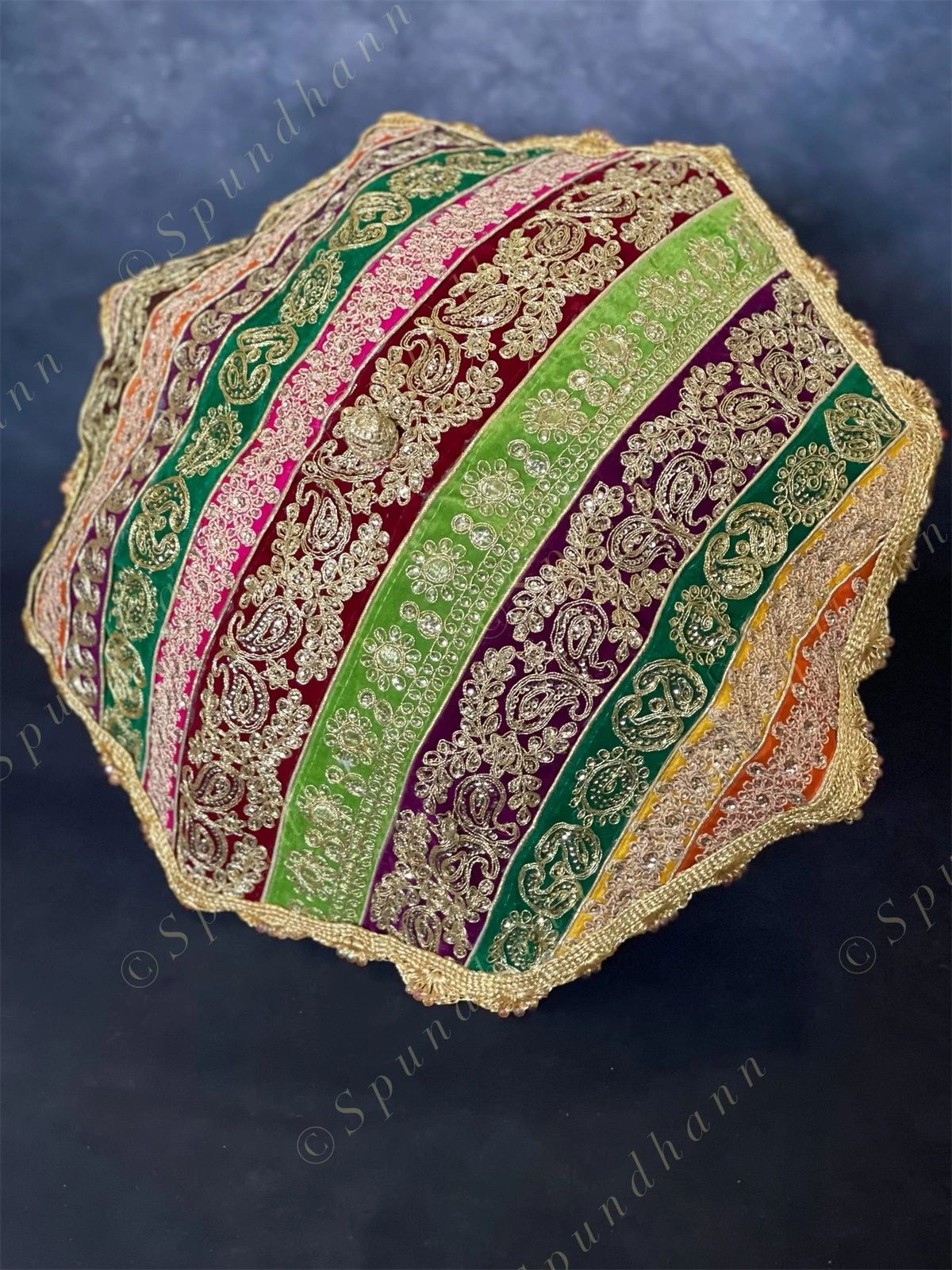 Multicolored Cotton Fabric Gold Embroidered & Striped Vintage Umbrellas