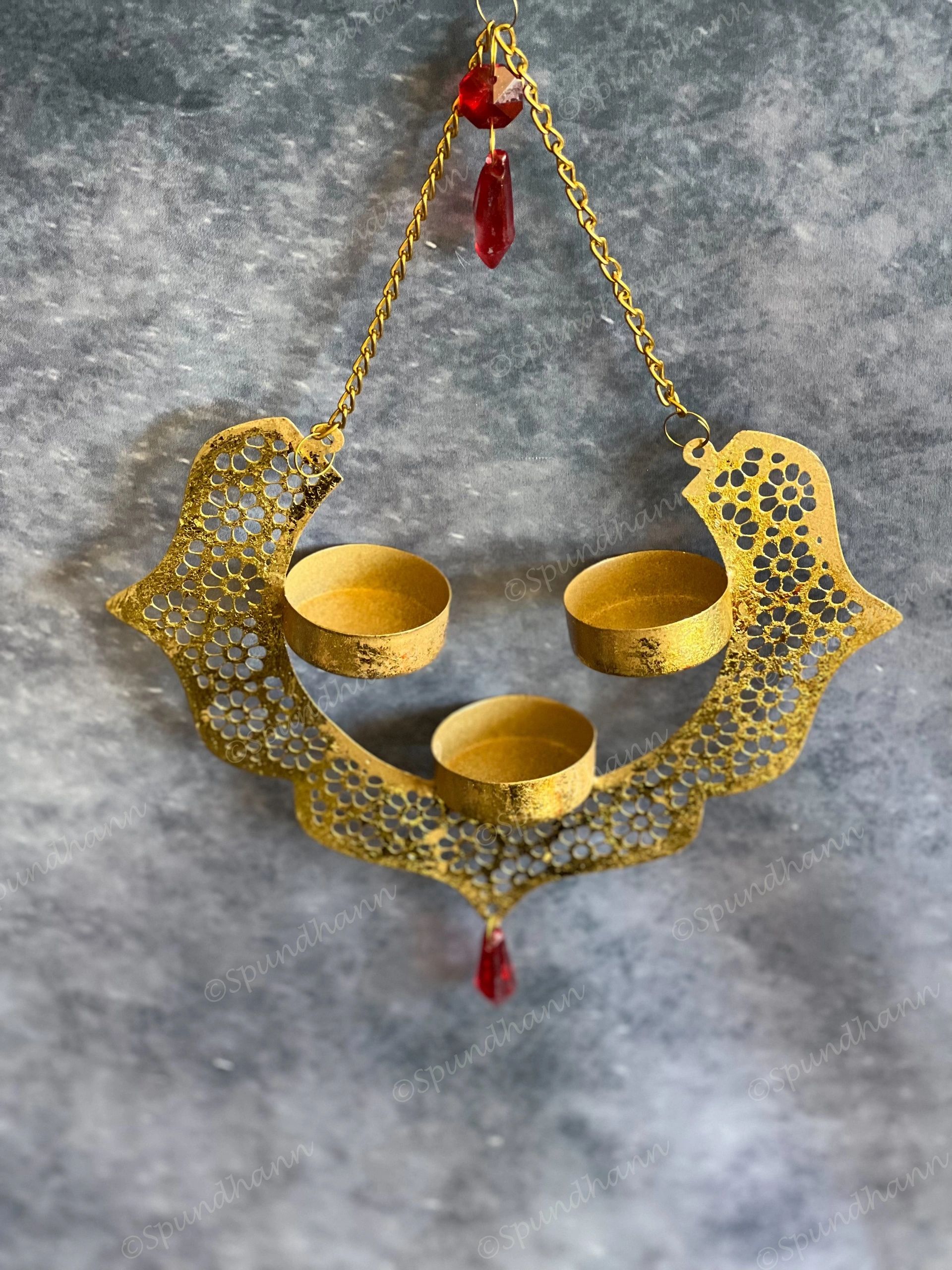 Dainty Metal Hanging Pendant Tea Light Holder with Red Drop