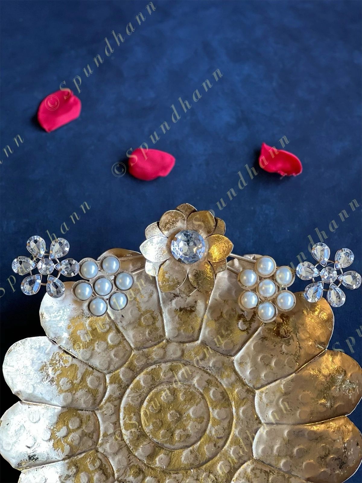 Gold Floral Shape Studded Pearl Platter / Plate