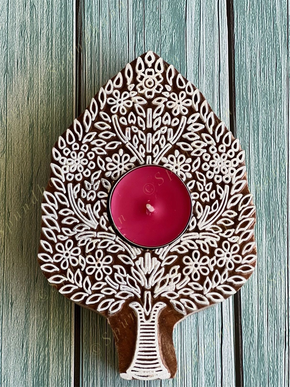 Tree of Life Wooden Block Tea Light Holder
