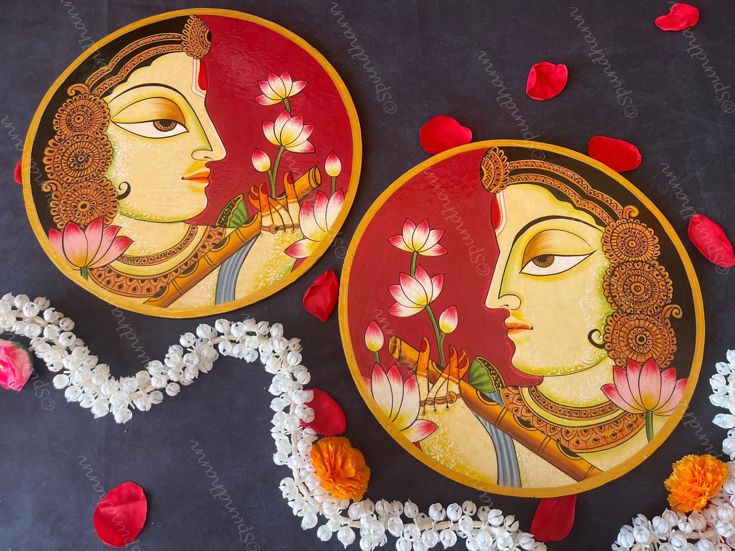 Beautifully Adorned Rajasthani Woman Red Background Pichwai Wall Hanging Plate Red