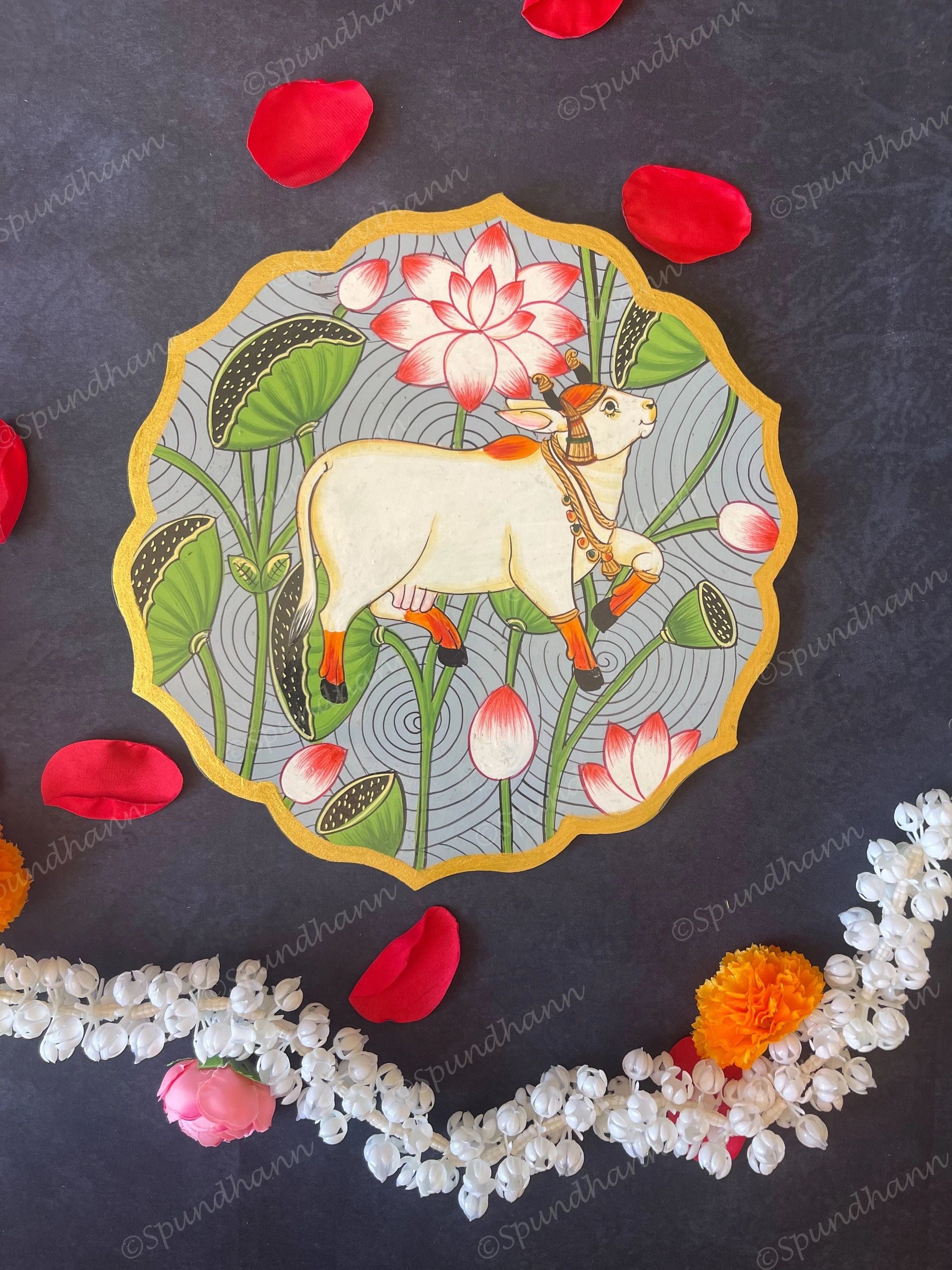 Cow with Lotus Floral Shape Pichwai Wall Hanging Plate