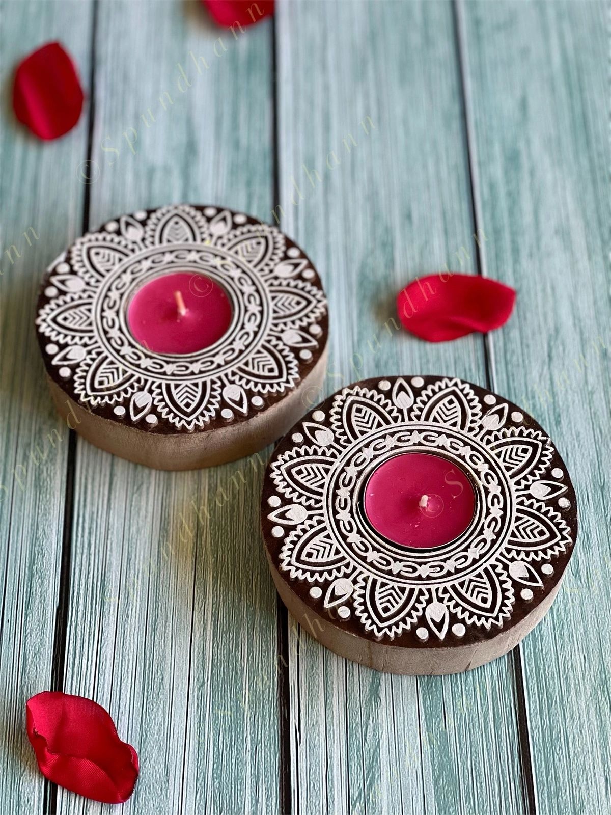 Round Floral Carved Wooden Block Tea Light Holder