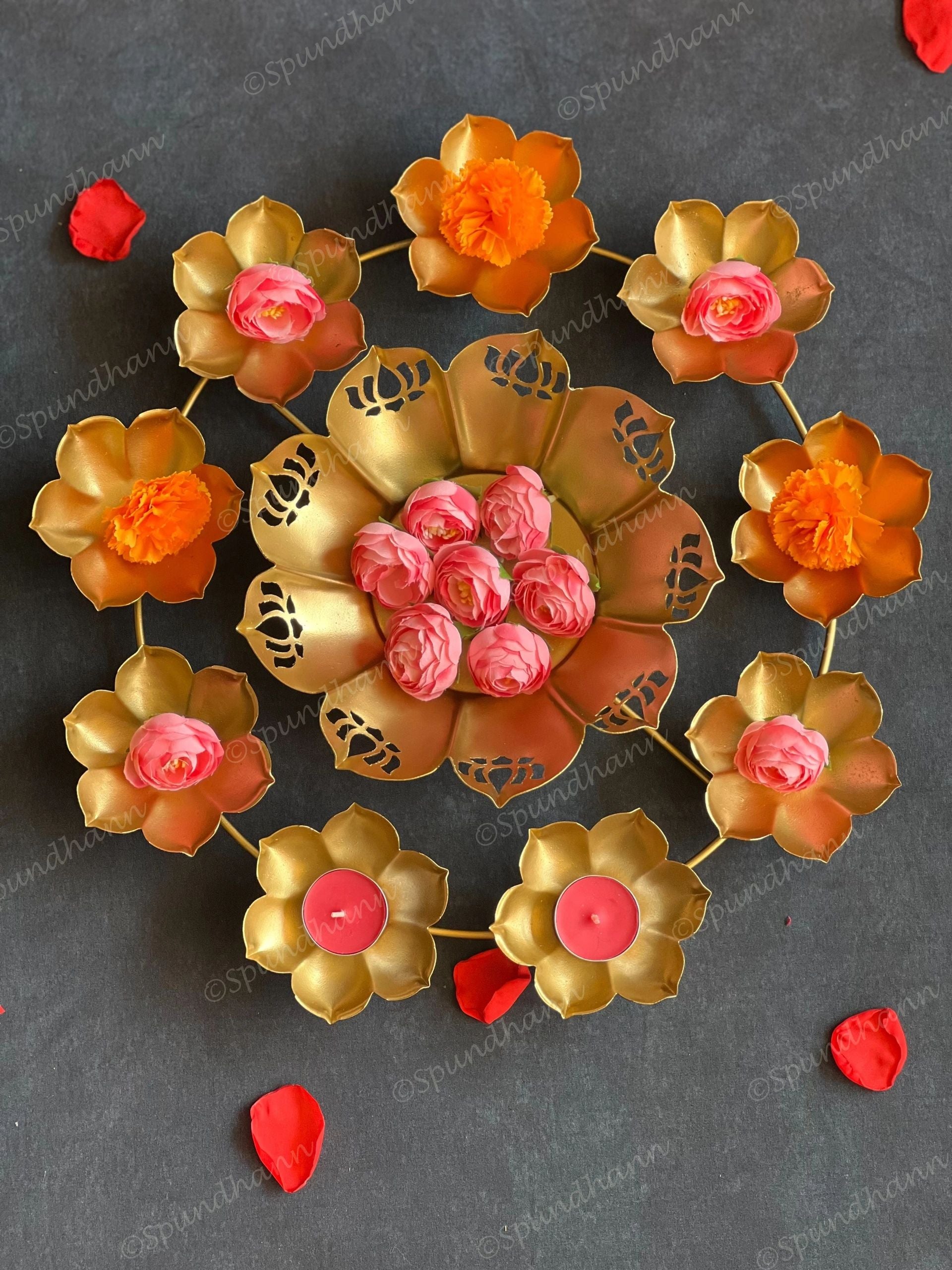 Lotus Cutwork Rangoli Urli with Tea Light Holders