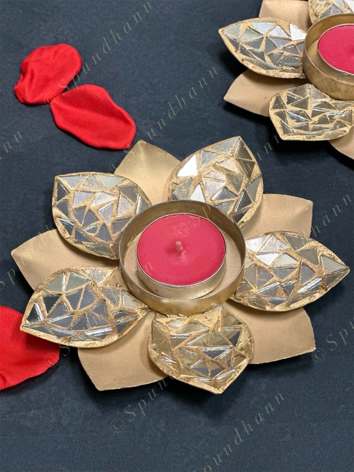 Gold Floral Mirror Work Tea Light Holder