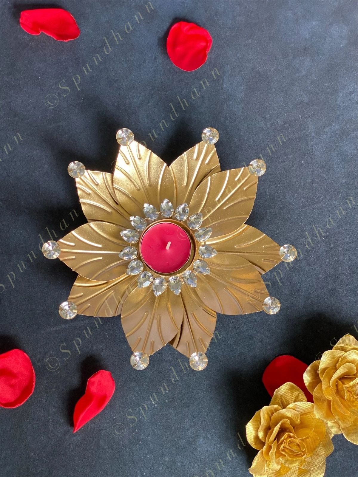 Big Lotus Gemstone Studded Tea Light Holder