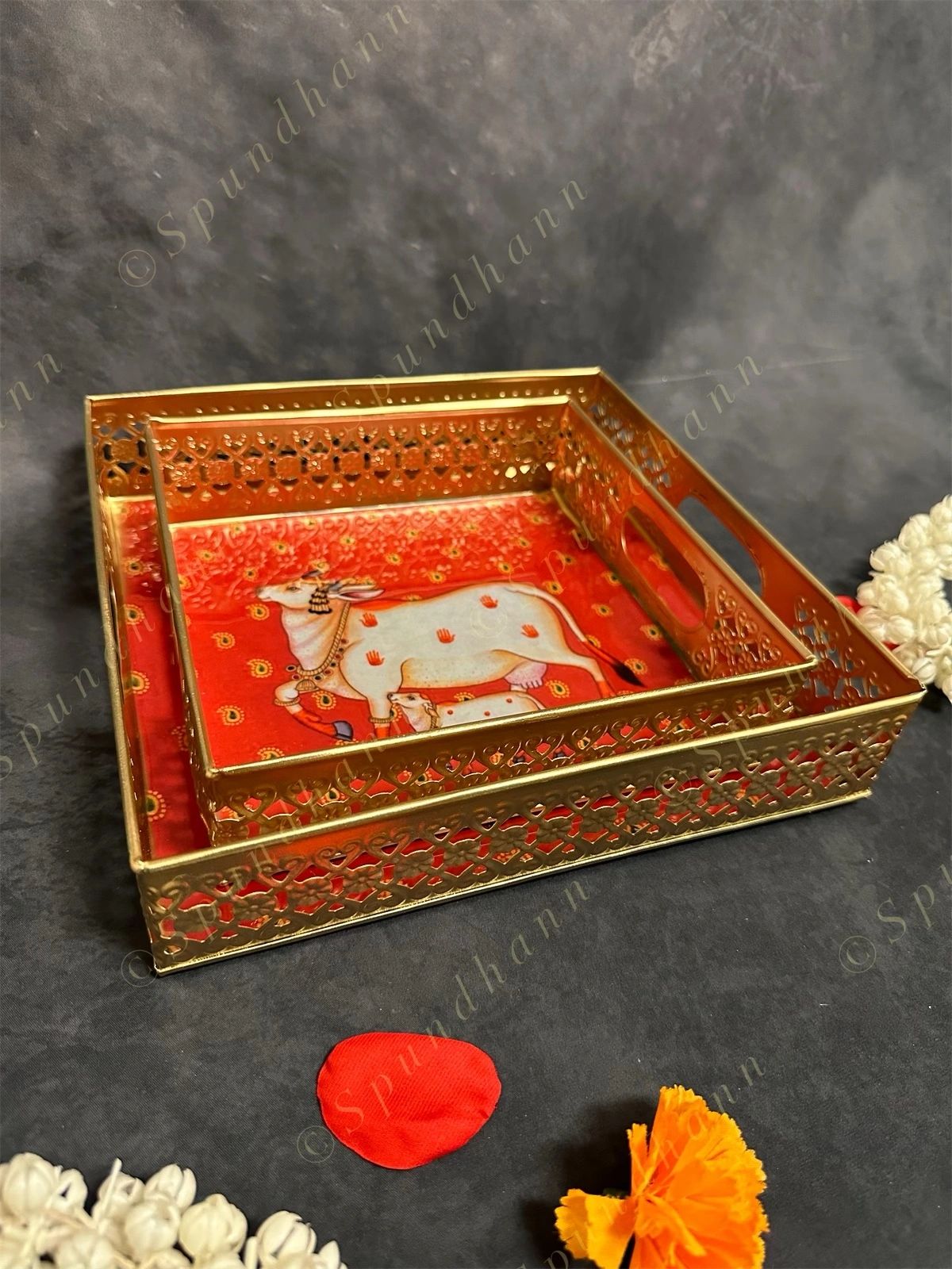 Traditional Golden Tray With Pichwai Art Picture Set of 2