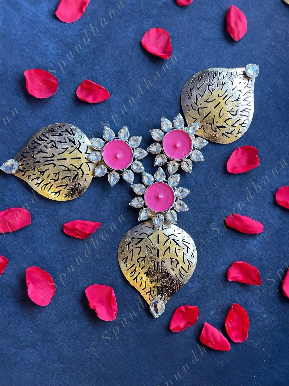 Studded Flower & Carved Leaf Tea Light Holder
