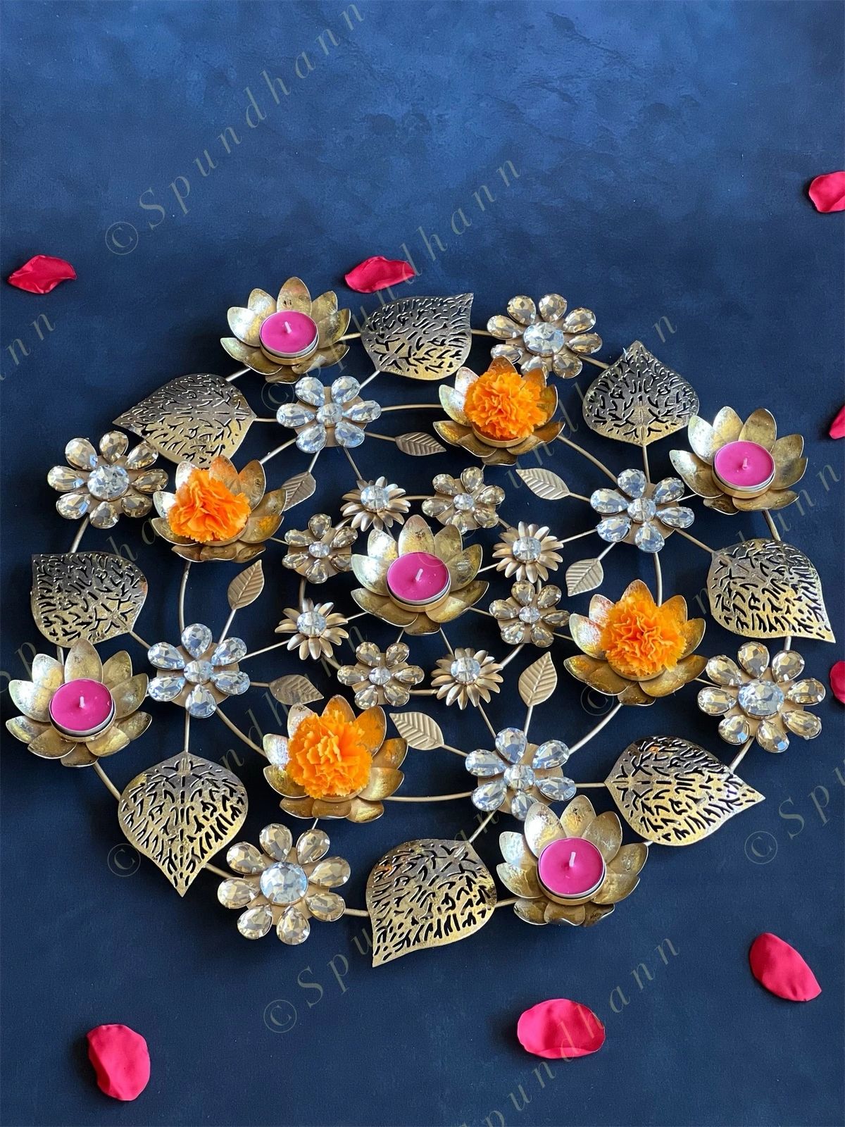 Decorative Studded Flower & Cutwork Leaves Rangoli Tea Light Holder