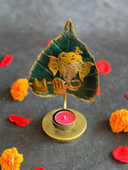 Flute Ganesh with Green Leaf Tea Light Holder