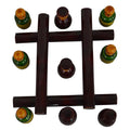 Handcrafted wooden Tic-Tac-Toe game set with a glossy wooden frame and colorful hand-painted pieces, ideal for decor or family fun.