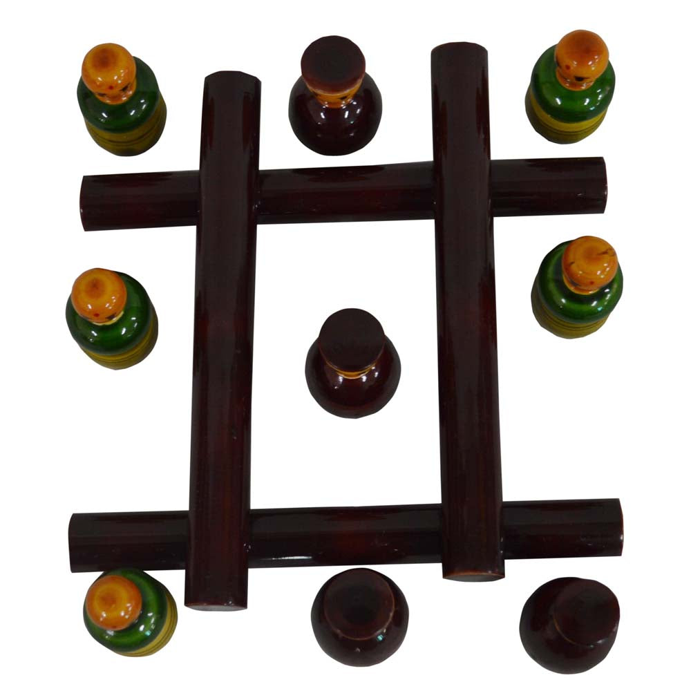 Handcrafted wooden Tic-Tac-Toe game set with a glossy wooden frame and colorful hand-painted pieces, ideal for decor or family fun.