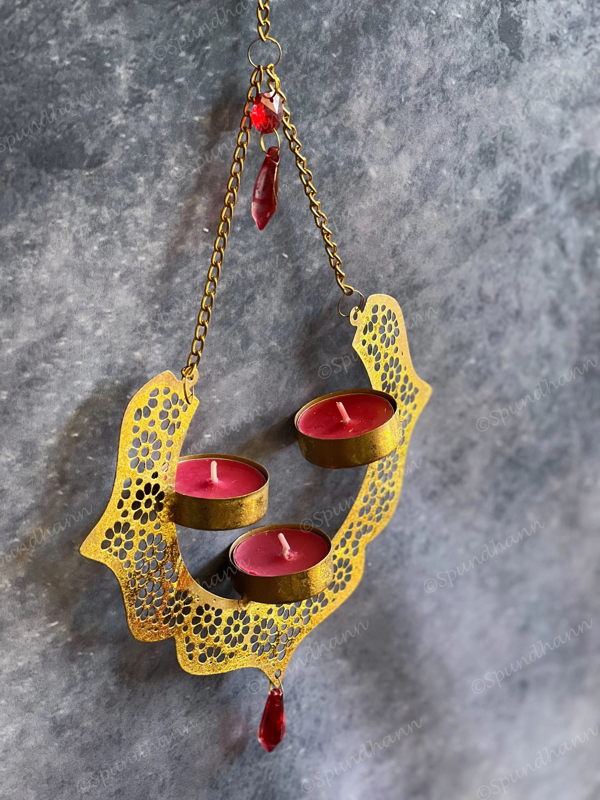 Dainty Metal Hanging Pendant Tea Light Holder with Red Drop