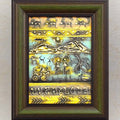 Framed Warli painting featuring tribal figures, animals, nature scenes, and geometric patterns in gold, black, and blue tones.