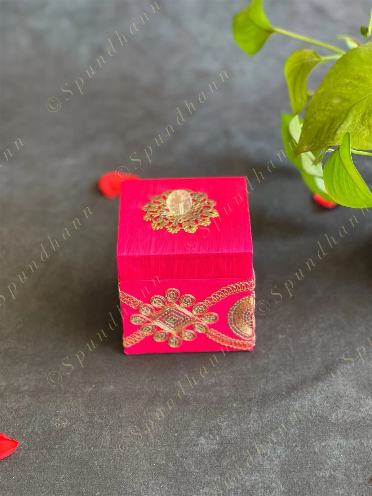Pink Square Gift Box with Golden Embroidery