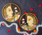 Beautifully Adorned Rajasthani Woman Pichwai Wall Hanging Plate Black