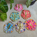 Set of six 4 Lalji Vastras with vibrant floral embroidery, golden accents, and multicolor designs for deity decoration.