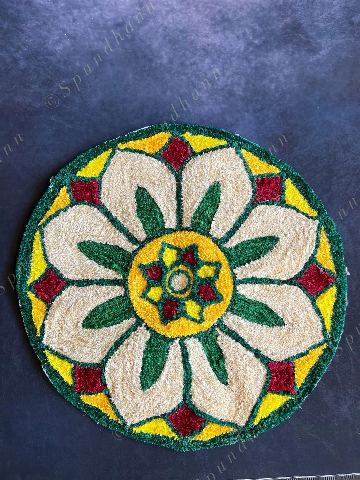 White, Orange & Green Round Floral Rangoli Floor Mat