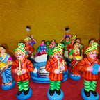 Handcrafted Navarathri Golu Marriage Car Procession Set featuring a peacock-adorned car, musicians, bridesmaids, and relatives in vibrant colors.