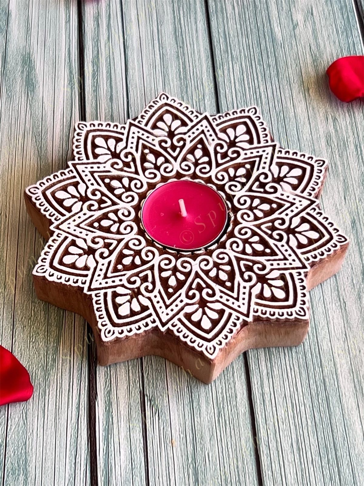 Flower Shaped Wooden Block Tea Light Holder