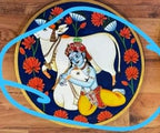 Lord Krishna with His Cows & Lotus Square Pichwai Wall Hanging Plate