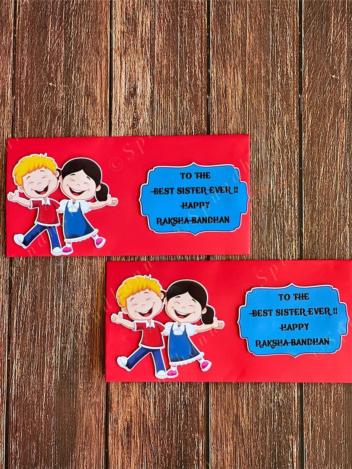 Rakhi Envelope in Red Color with Dancing Siblings