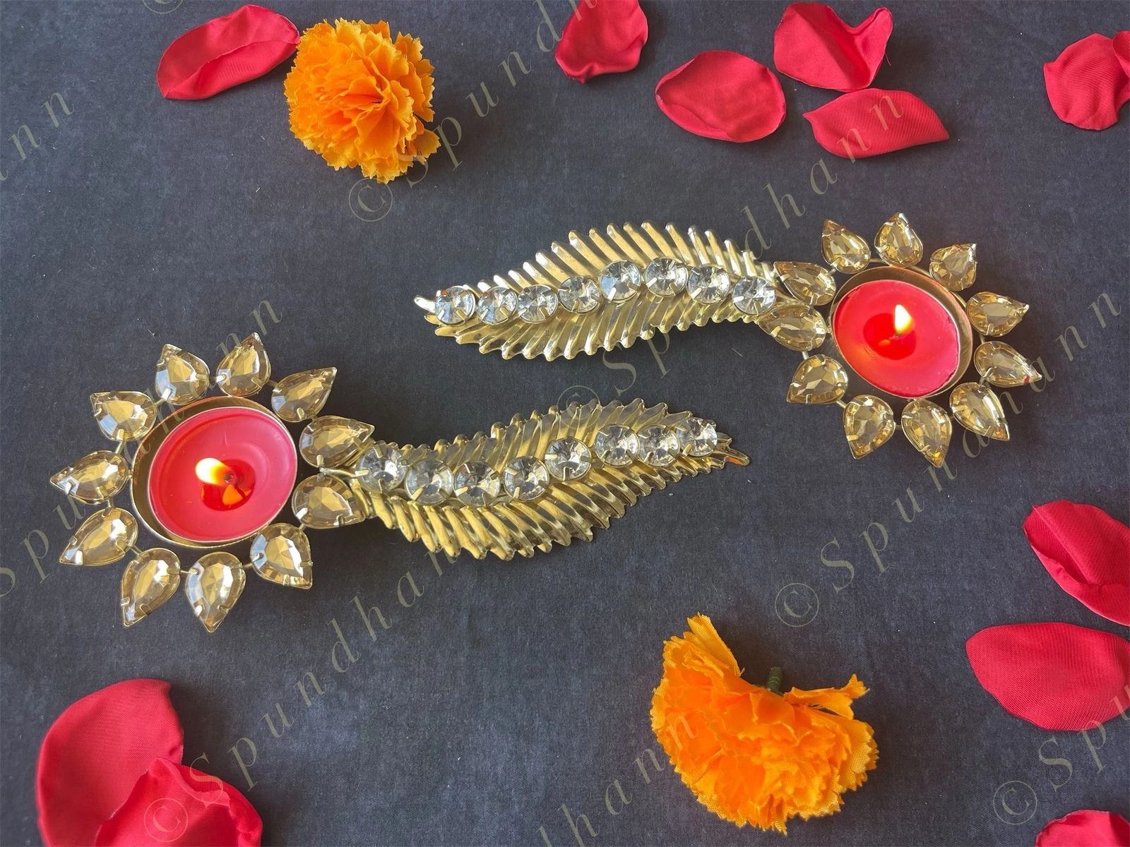Gemstone Studded Flower & Feather Tea Light Holder