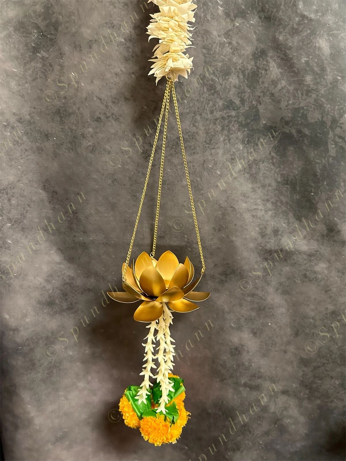 Hanging Lotus Tea Light Holder with Chameli String and Marigold Tassels
