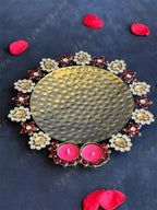 Red & White Gemstone Drops Golden Platter / Plate with Tea Light Holder