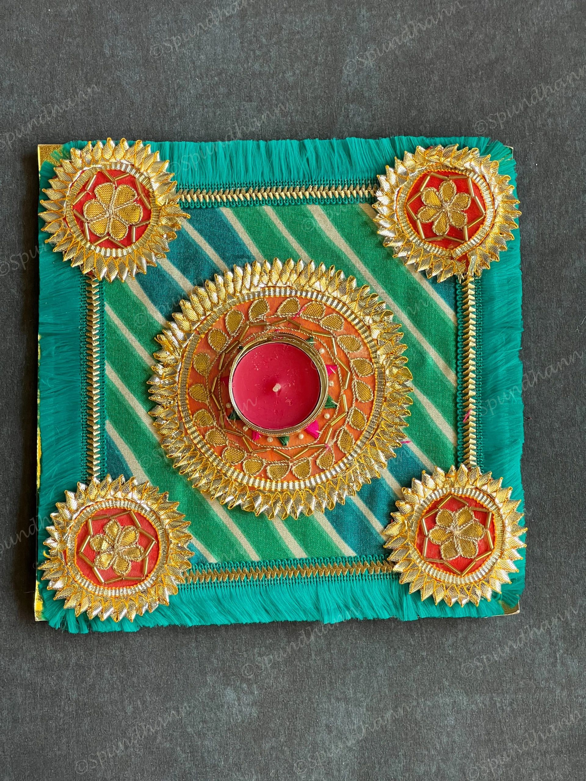 Square Leheriya & Gold Gota Tea Light Holder with Ganesha