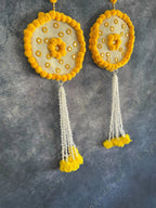 Yellow Pom Pom Mirror Circular Hanging Decor with Marigold Tassels