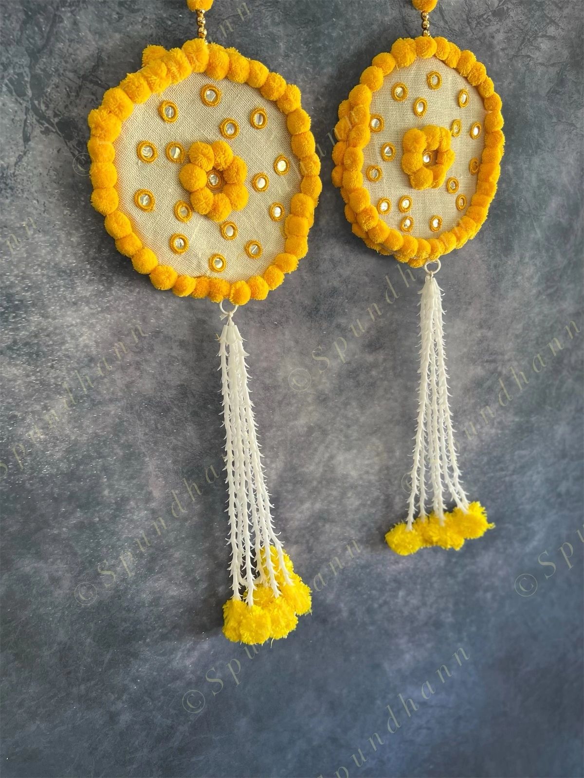 Yellow Pom Pom Mirror Circular Hanging Decor with Marigold Tassels