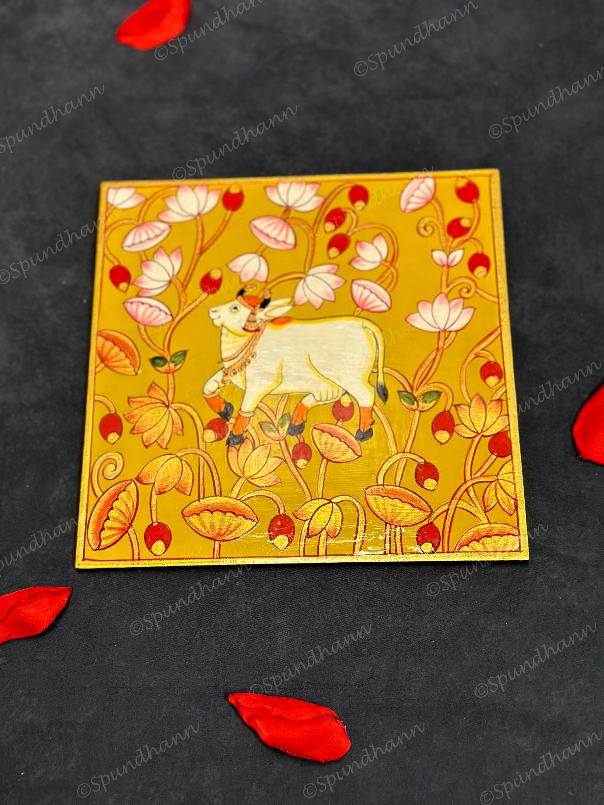 Pichwai Cow with Lotus Square Wall Hanging Plate