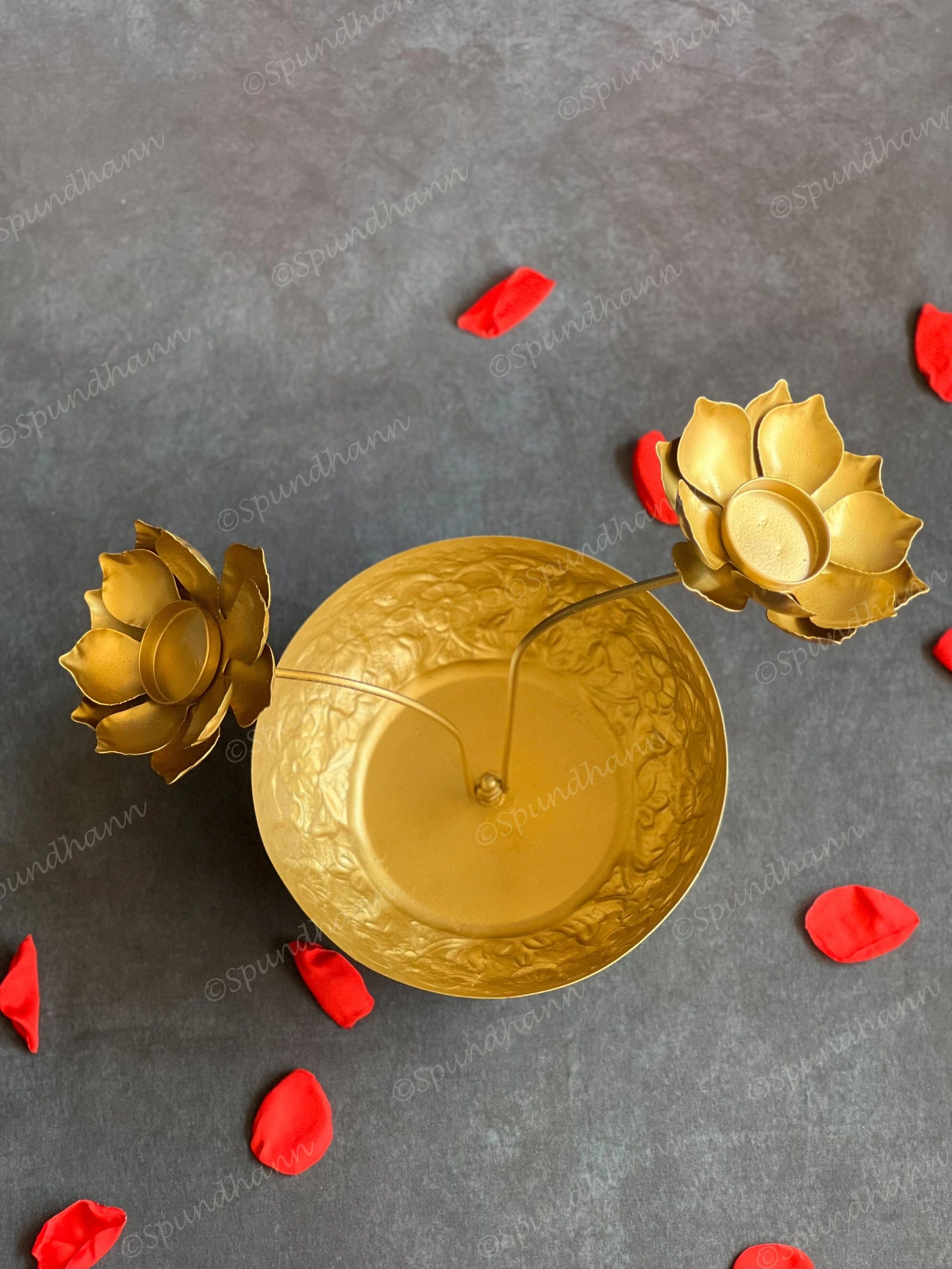 Embossed Urli with Lotus Stem Tea Light Holder