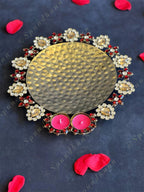 Red & White Gemstone Drops Golden Platter / Plate with Tea Light Holder