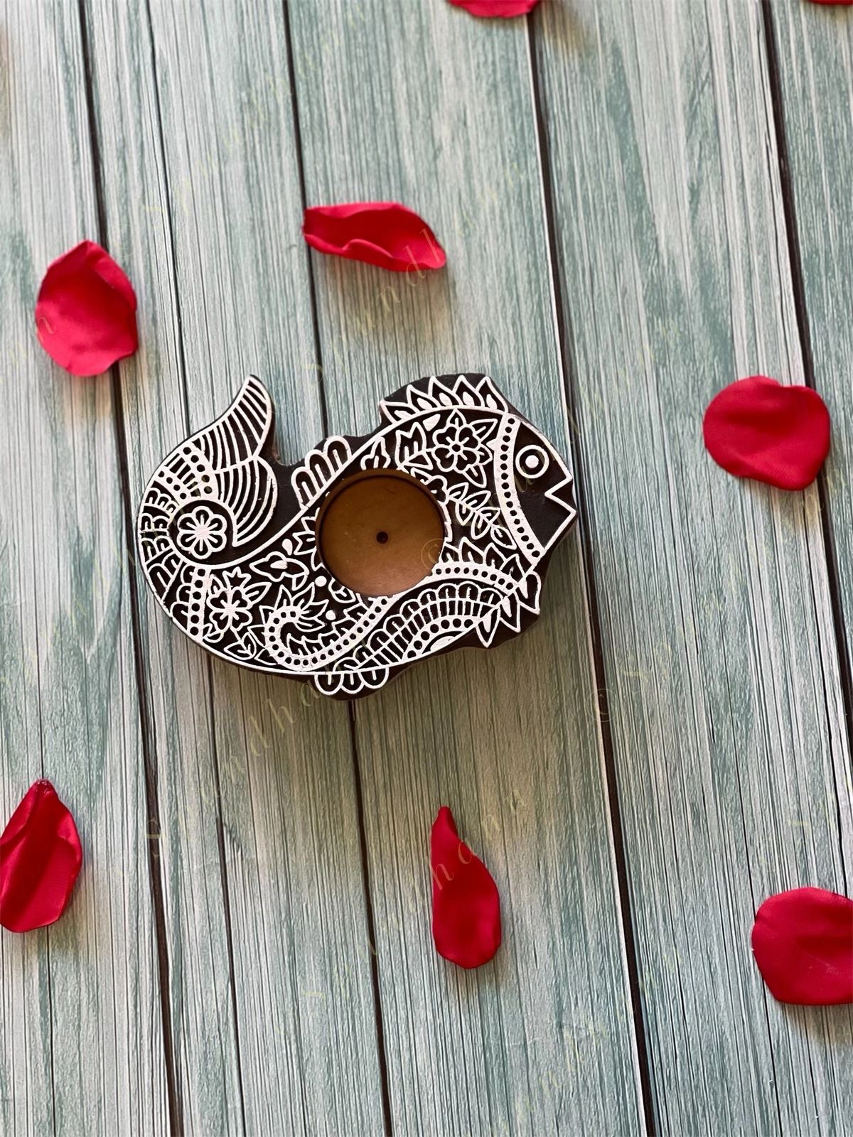 Carved Fish Wooden Block Tea Light Holder