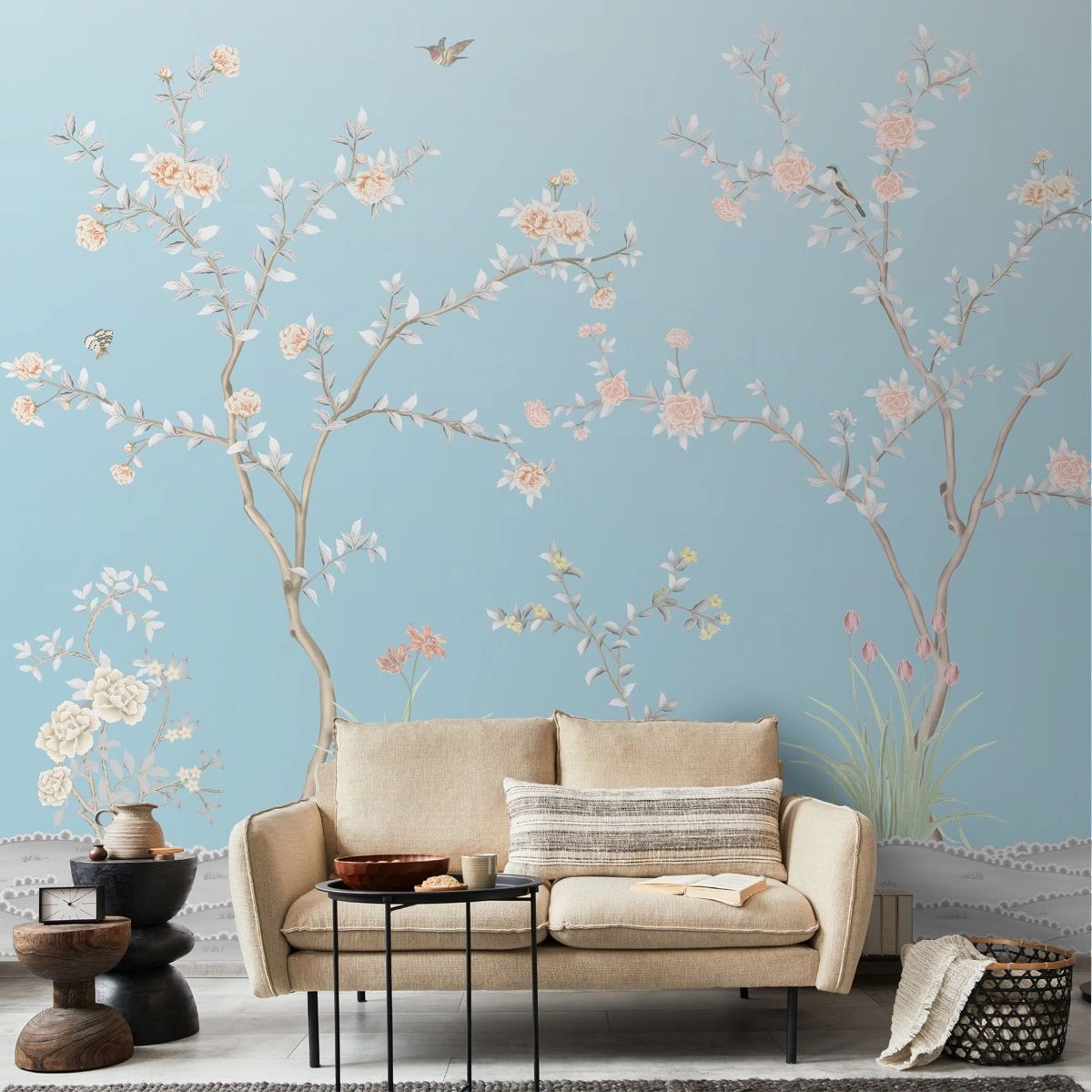 Life n Colors: Blue Chinoiserie Wallpaper, Flower Birds