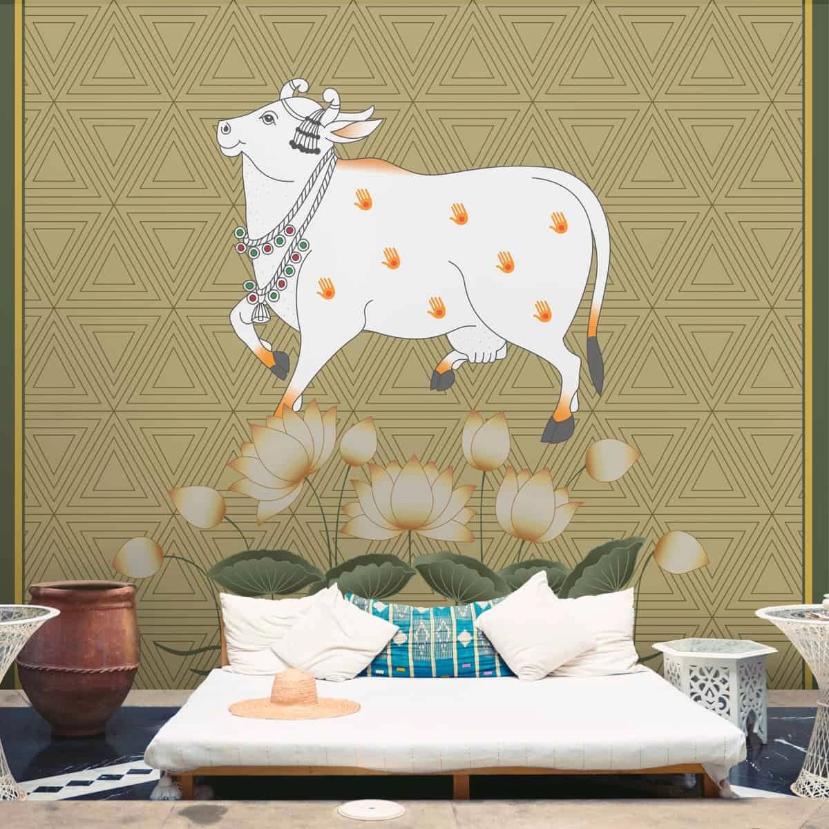 Life n Colors: White Cow and Lotuses, Pichwai Wallpaper
