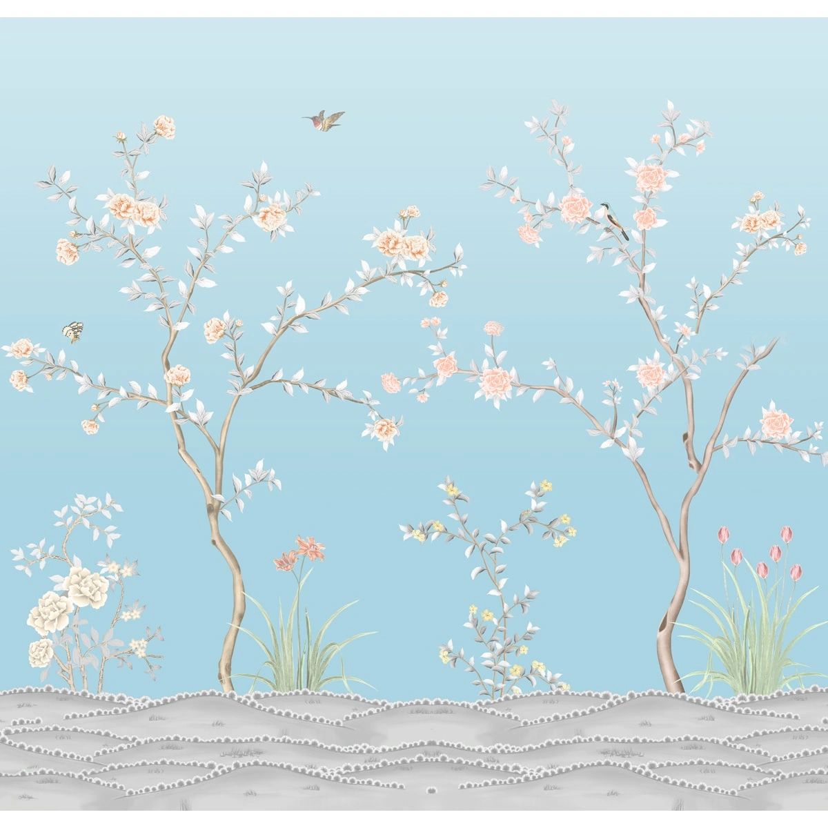 Life n Colors: Blue Chinoiserie Wallpaper, Flower Birds