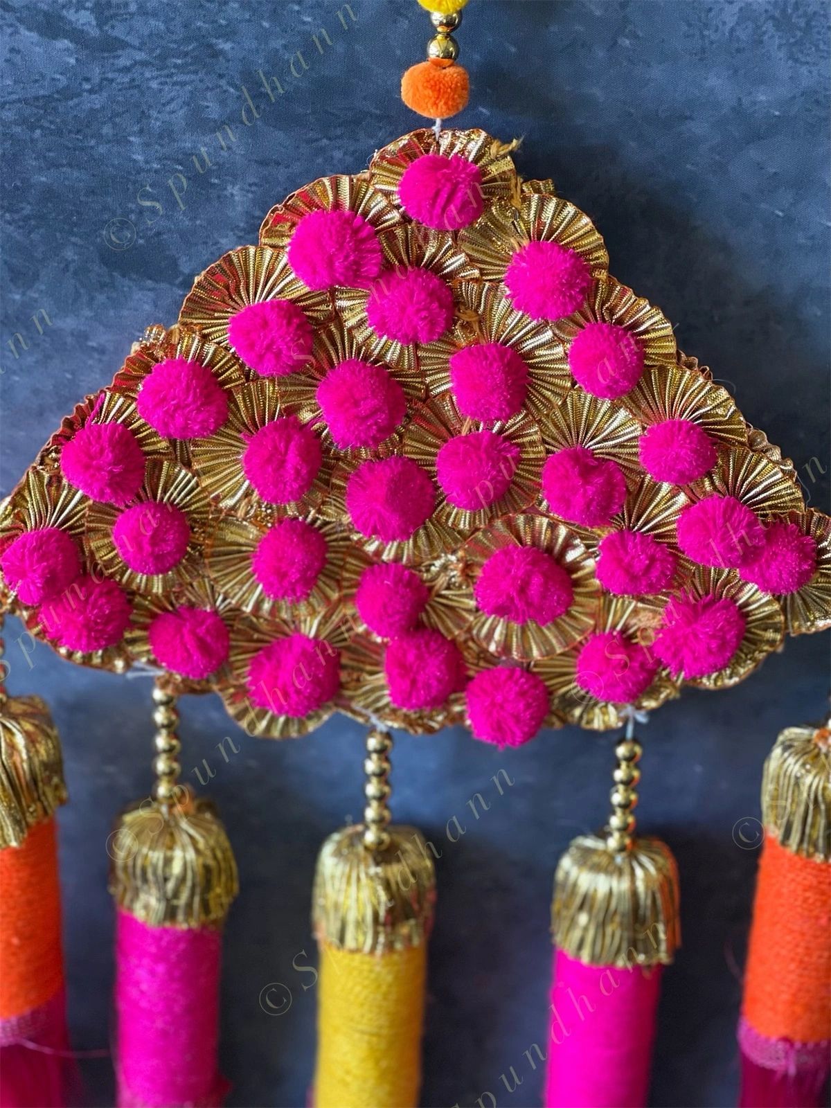 Pom Pom Gota Triangle Hanging Decor w/ Multi Color Tassels