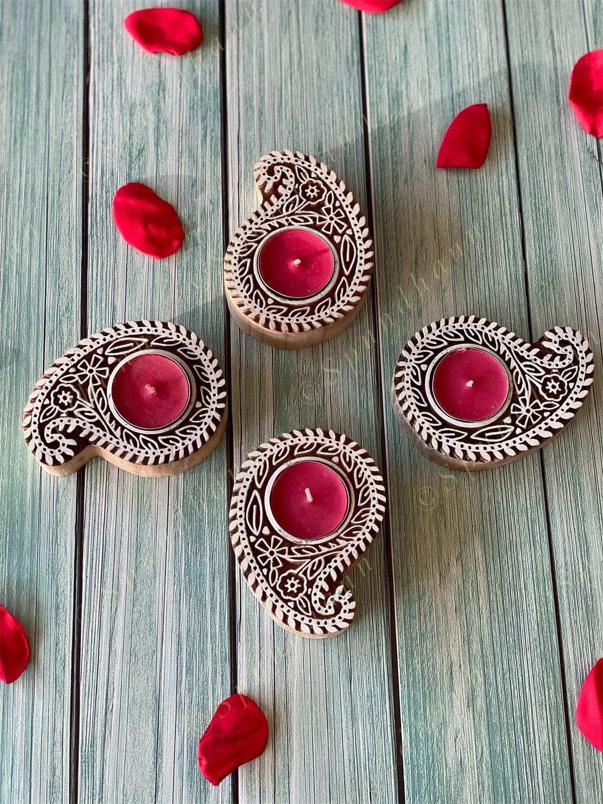 Paisley Shaped Wooden Block Tea Light Holder