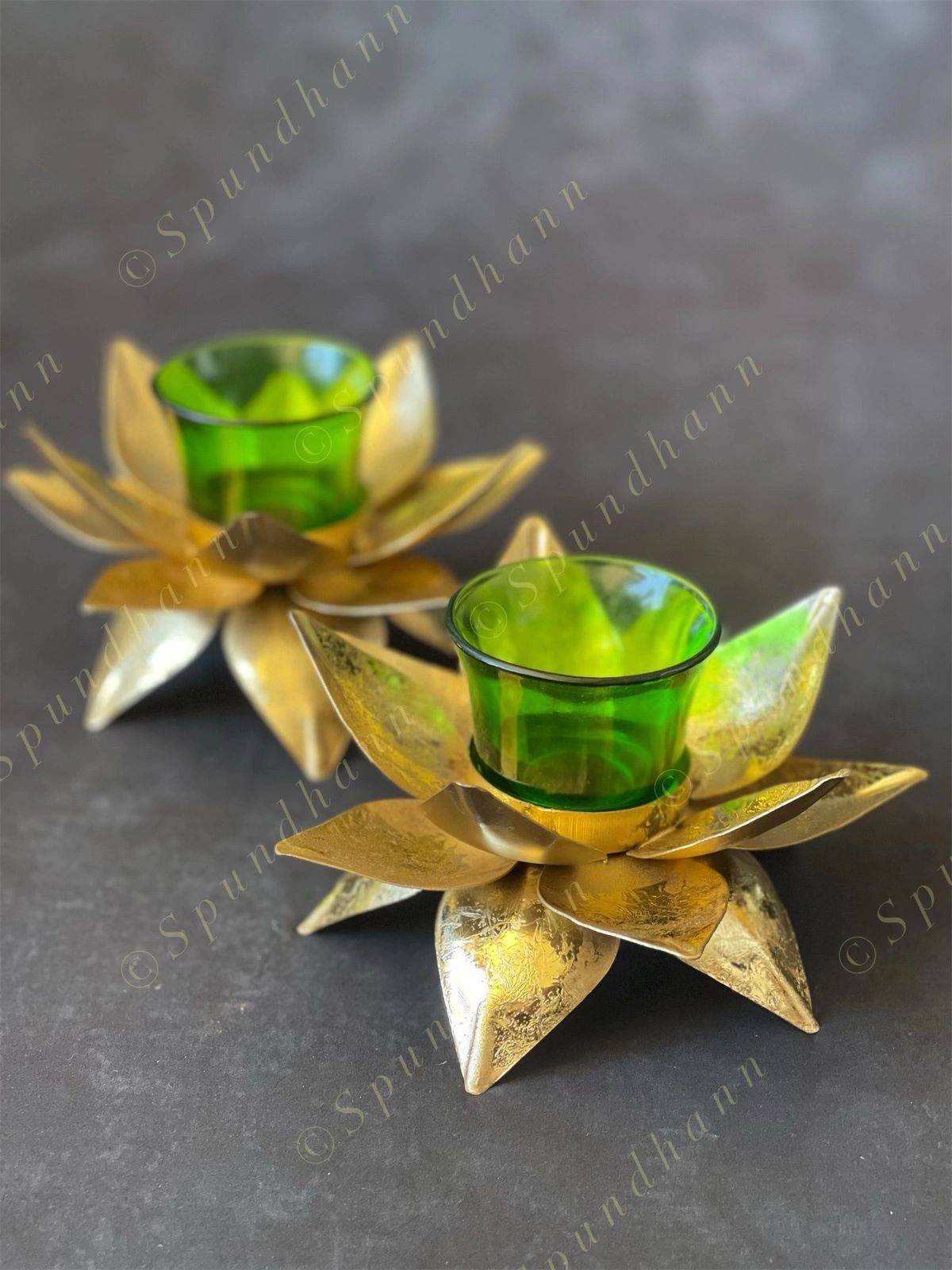 Metal Lotus Petal Standing Tea Light Holder - With Glass