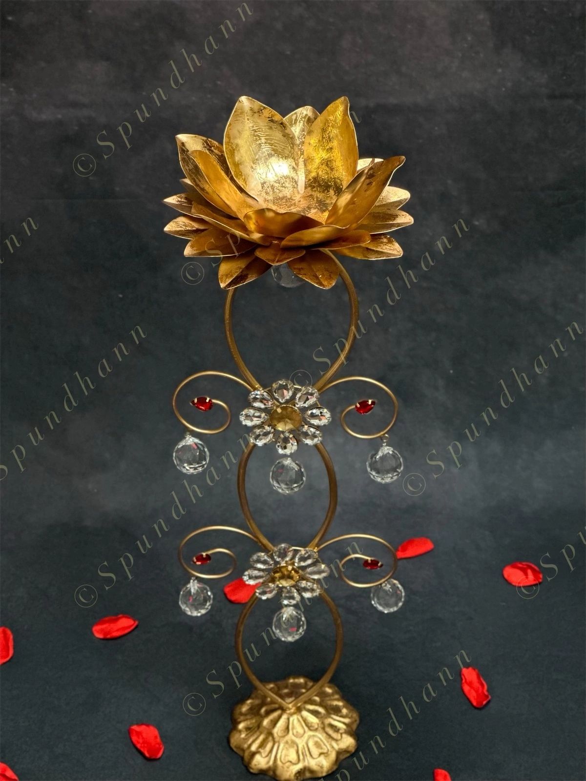 Crystal Drop Golden Flower Standing Tea Light Holder