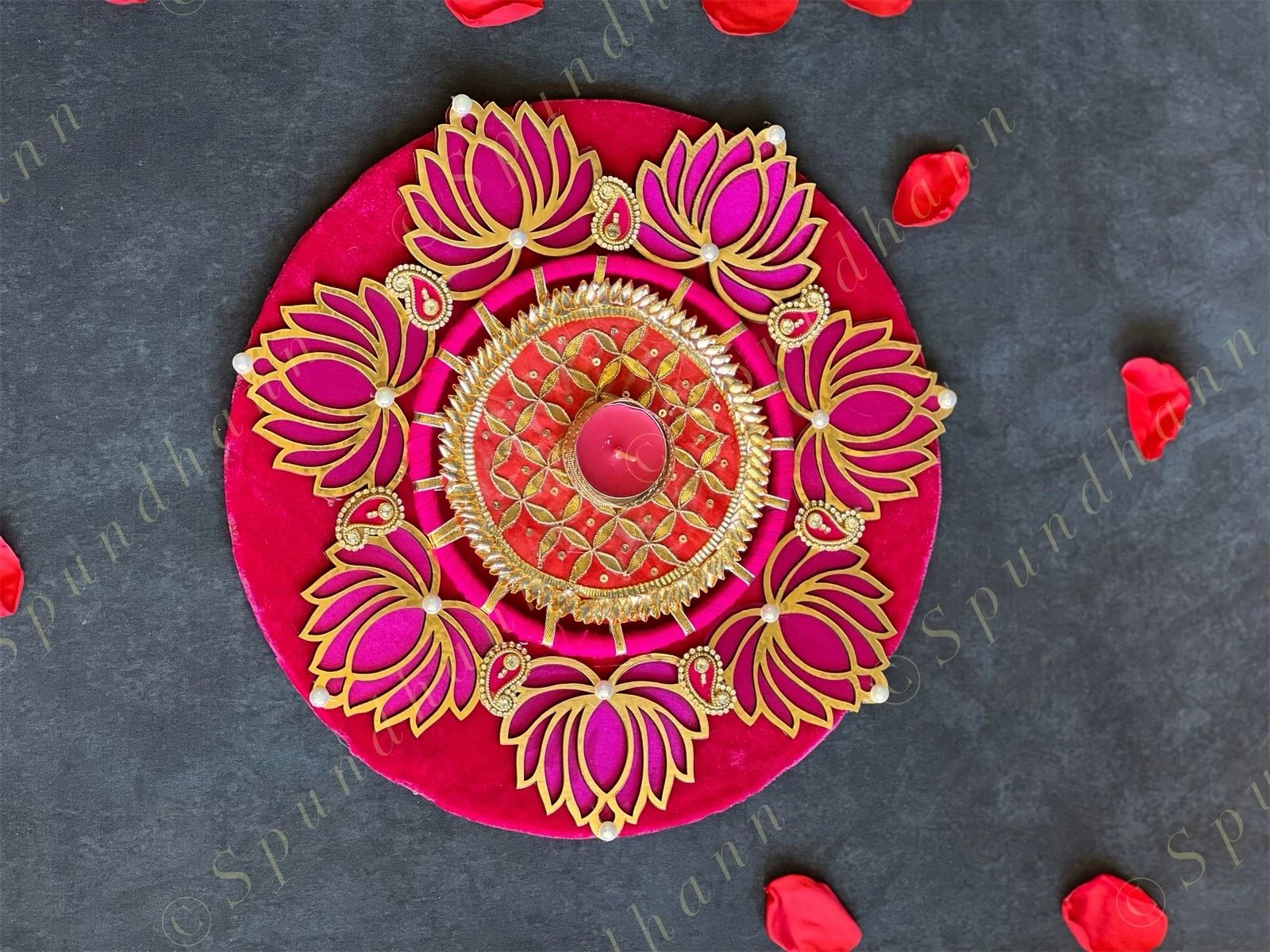 Pink Lotus with Pearls & Gota Decorative Tea Light Holder