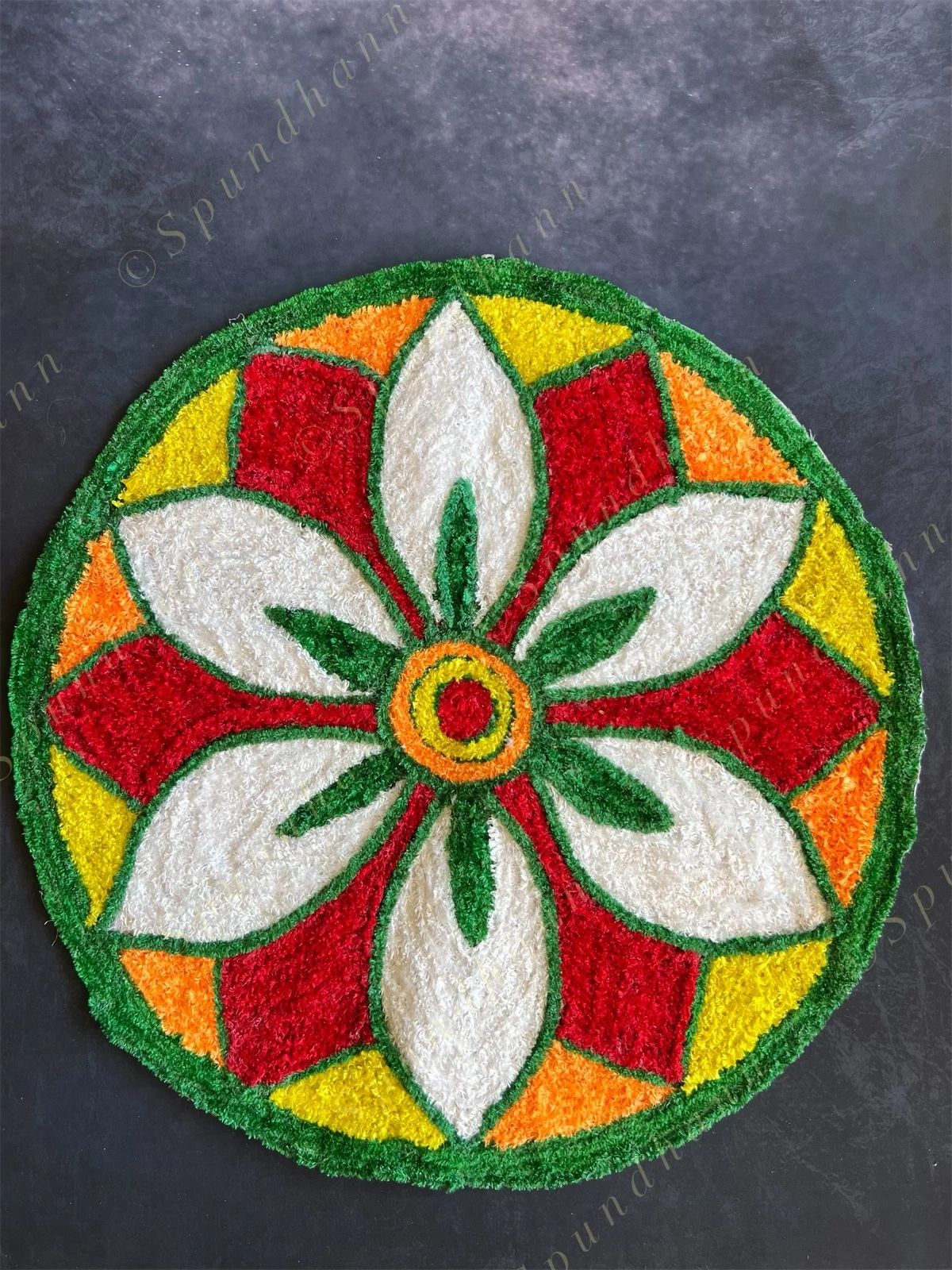 Yellow, White, Orange & Red Round Floral Rangoli Floor Mat